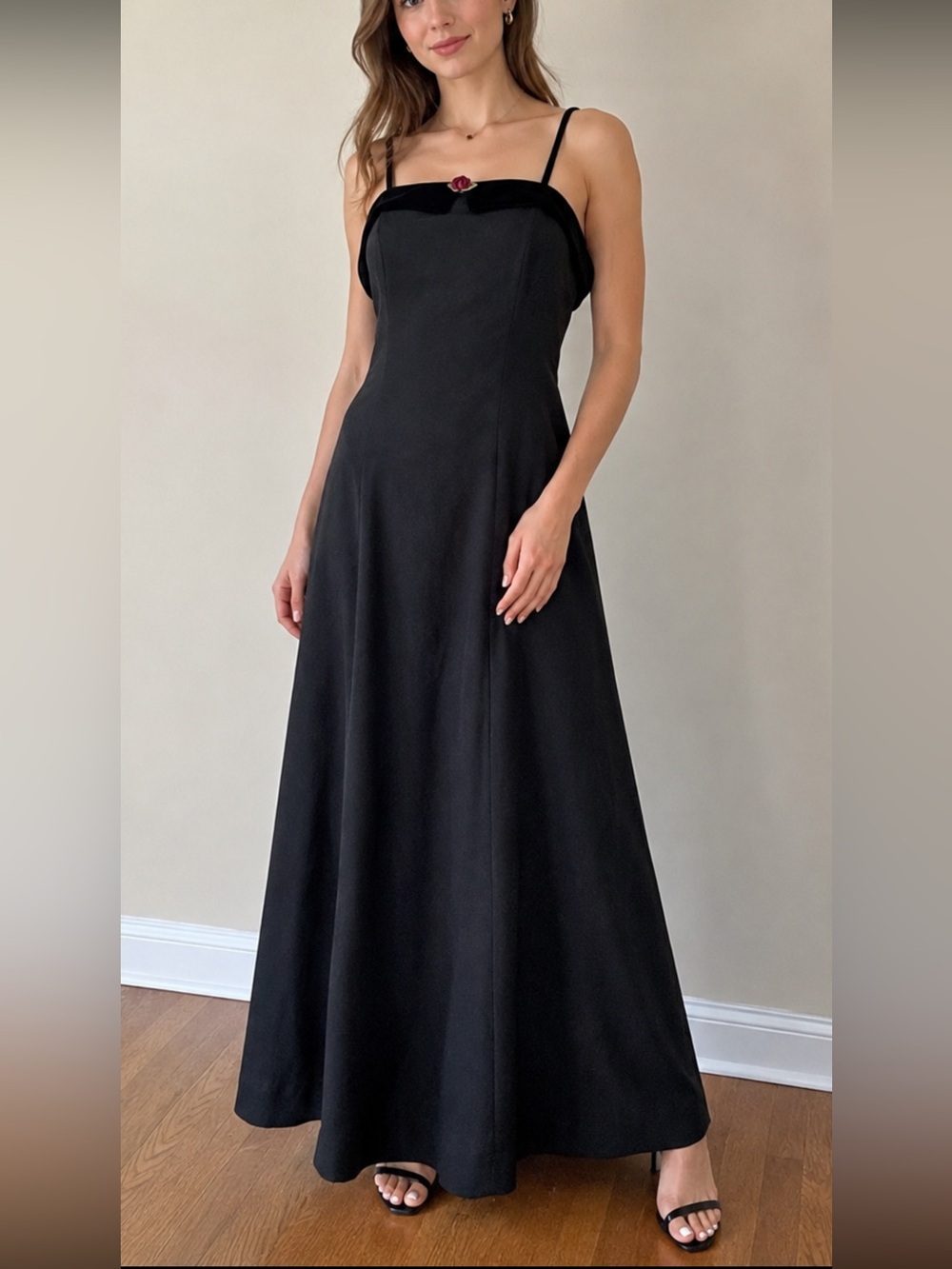 Vintage Bianchi Black Maxi Evening Dress Velvet Trim Rose Detail Made in USA 10